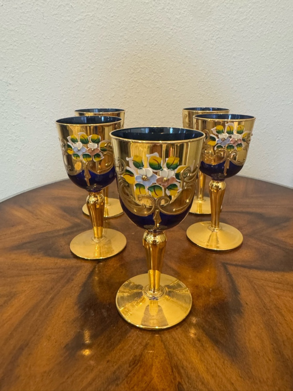 5 Murano Venetian Hand Painted  24k Gold and Cobalt Blue Floral Goblets